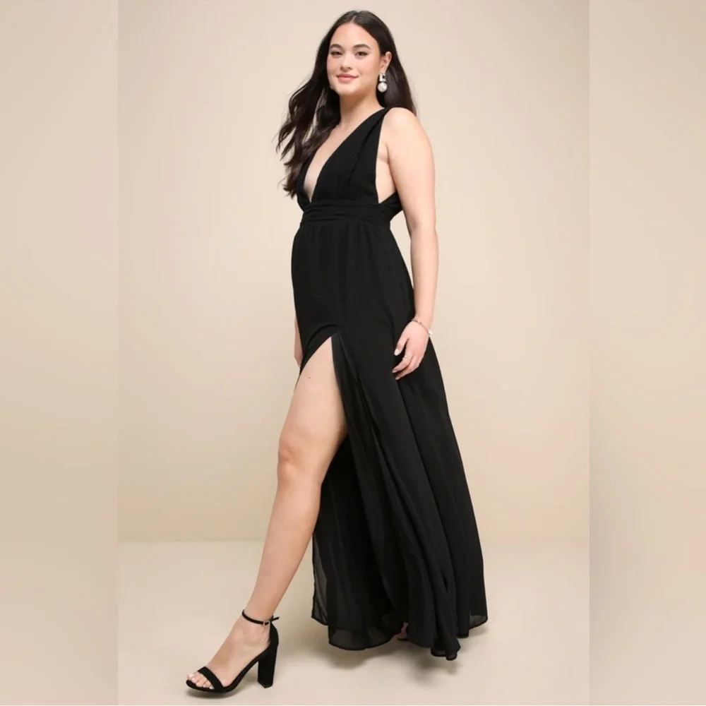 Lulus Heavenly Hues Maxi Dress Large Black Chiffon Side Slit Goddess Formal NWT - Picture 2 of 12